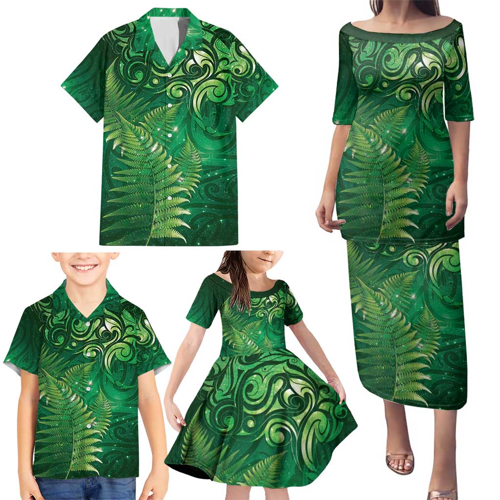Matariki New Zealand Maori Silver Fern Family Matching Puletasi and Hawaiian Shirt Galaxy Green Sky Style LT03 - Polynesian Pride