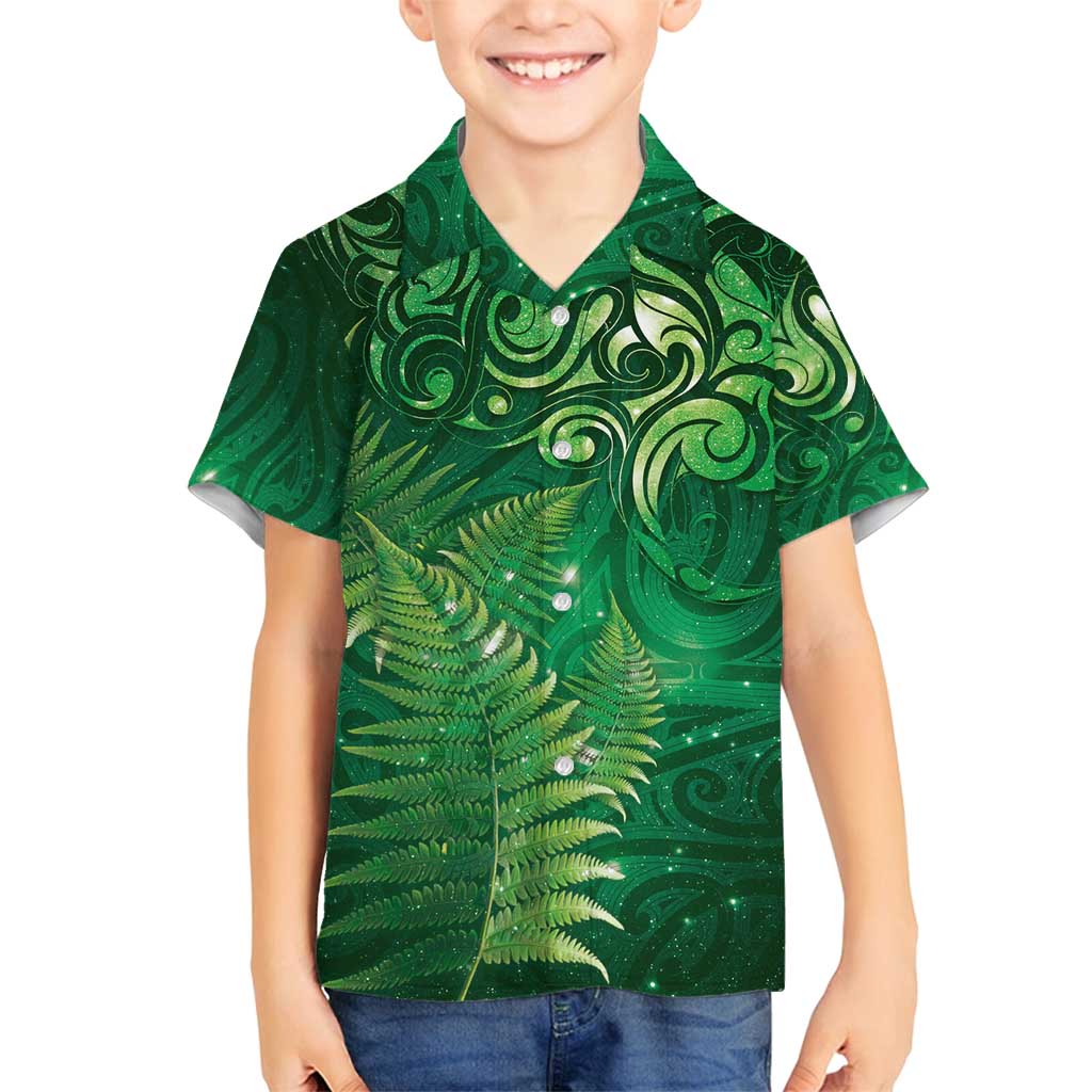 Matariki New Zealand Maori Silver Fern Family Matching Summer Maxi Dress and Hawaiian Shirt Galaxy Green Sky Style LT03 Son's Shirt Green - Polynesian Pride