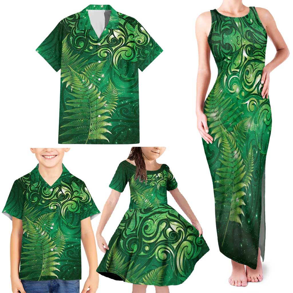 Matariki New Zealand Maori Silver Fern Family Matching Tank Maxi Dress and Hawaiian Shirt Galaxy Green Sky Style LT03 - Polynesian Pride