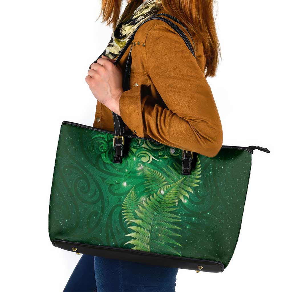 Matariki New Zealand Maori Silver Fern Leather Tote Bag Galaxy Green Sky Style