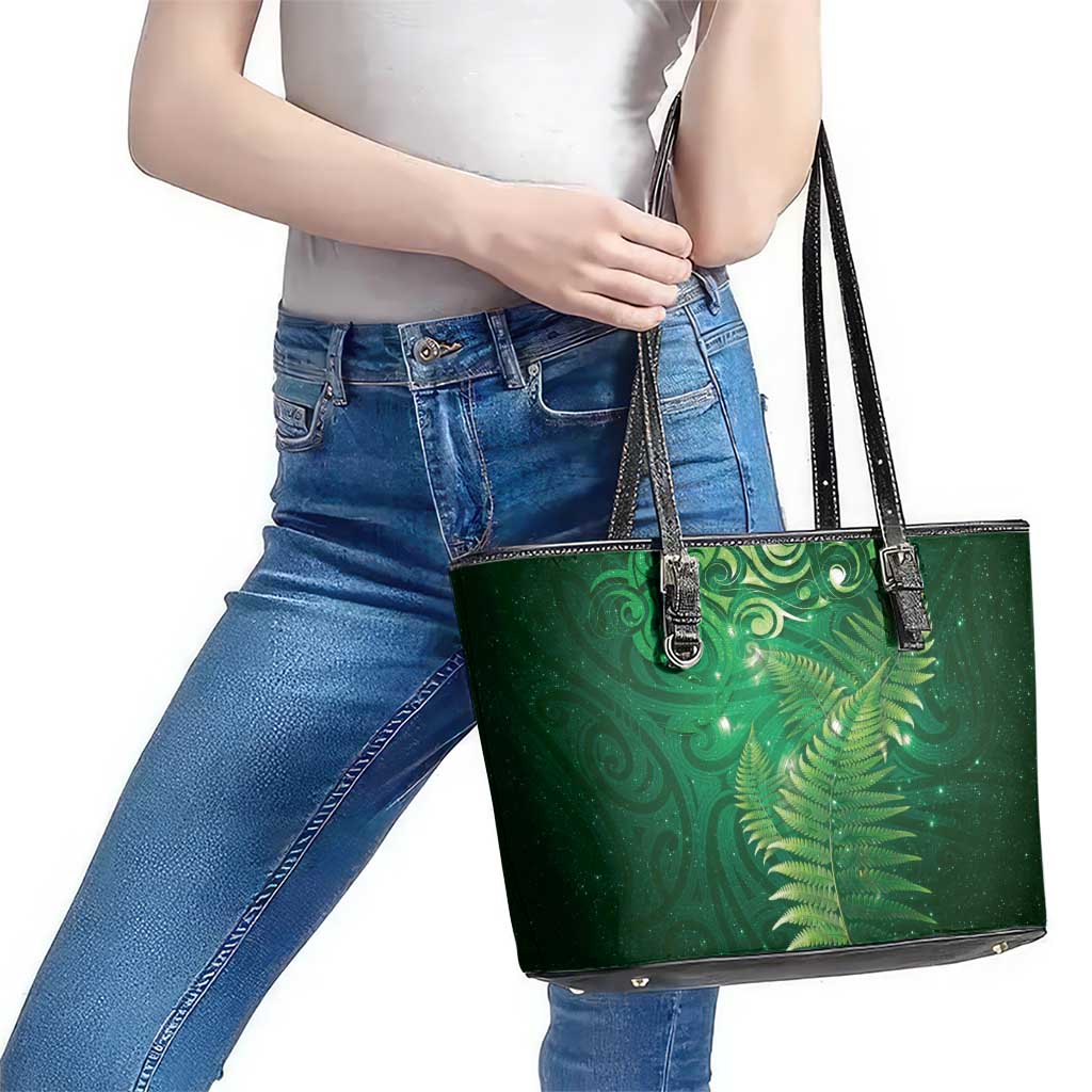 Matariki New Zealand Maori Silver Fern Leather Tote Bag Galaxy Green Sky Style LT03 - Polynesian Pride