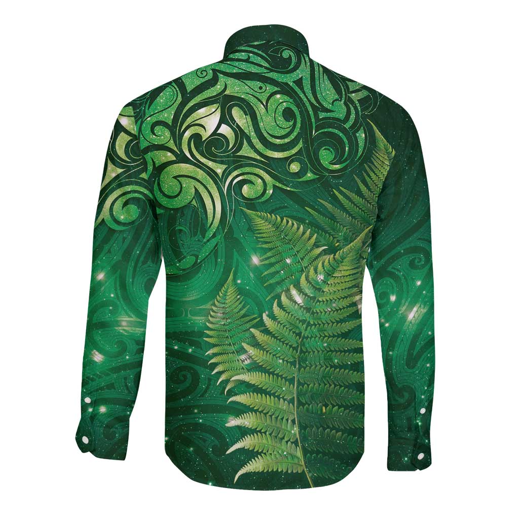 Matariki New Zealand Maori Silver Fern Long Sleeve Button Shirt Galaxy Green Sky Style LT03 - Polynesian Pride