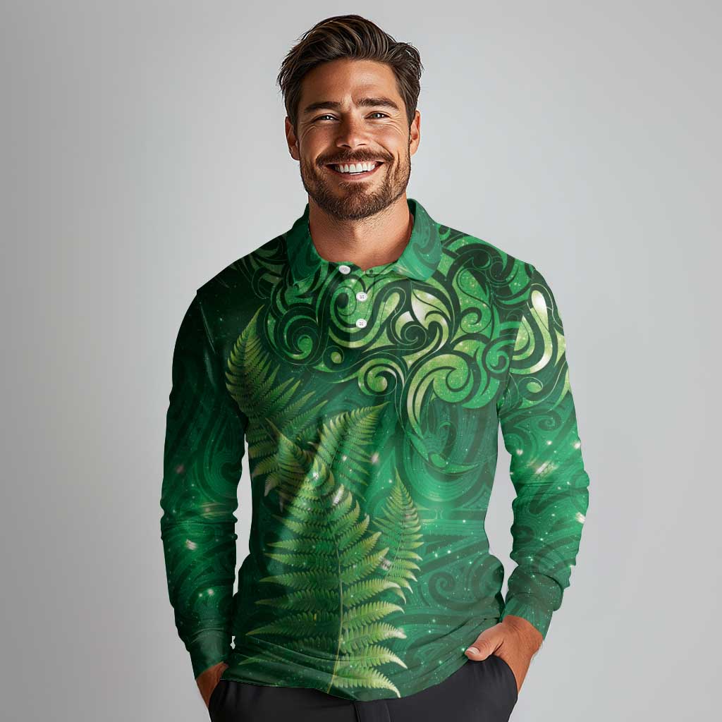 Matariki New Zealand Maori Silver Fern Long Sleeve Polo Shirt Galaxy Green Sky Style