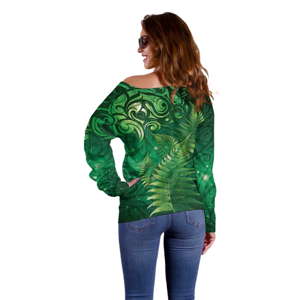 Matariki New Zealand Maori Silver Fern Off Shoulder Sweater Galaxy Green Sky Style LT03 - Polynesian Pride