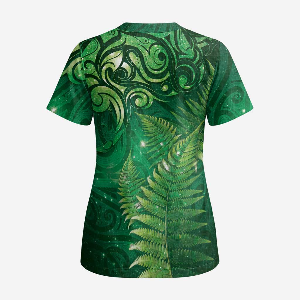 Matariki New Zealand Maori Silver Fern Scrub Top Galaxy Green Sky Style - Polynesian Pride