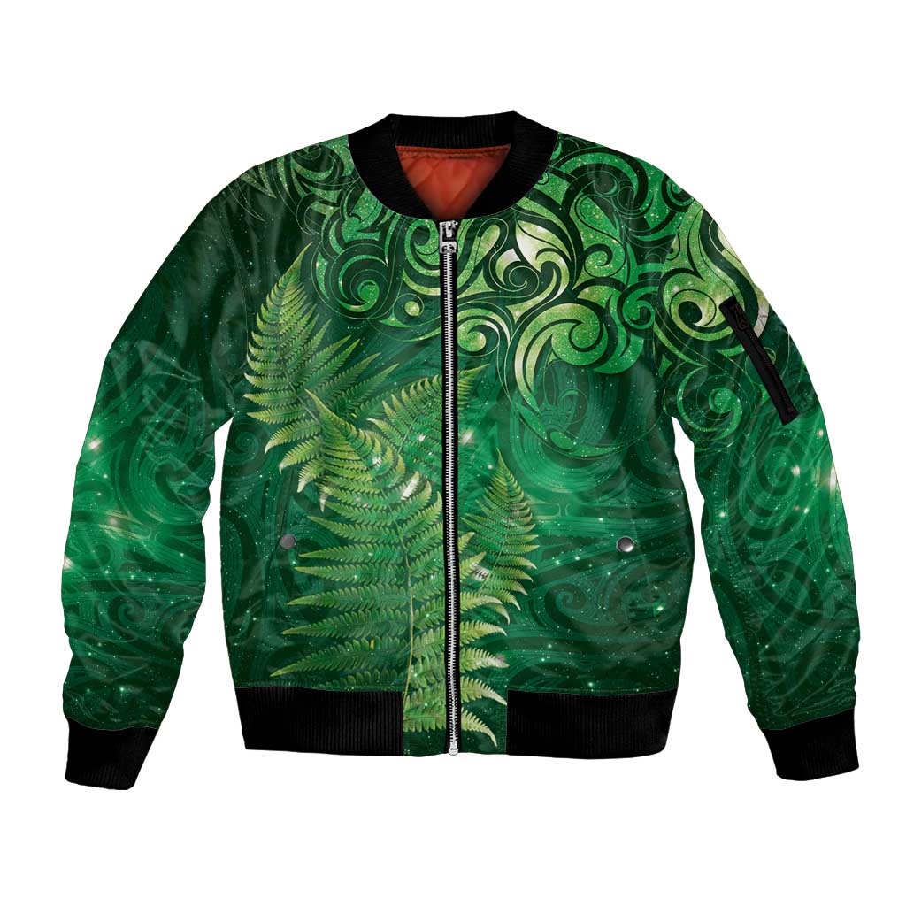 Matariki New Zealand Maori Silver Fern Sleeve Zip Bomber Jacket Galaxy Green Sky Style LT03 Unisex Green - Polynesian Pride