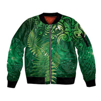 Matariki New Zealand Maori Silver Fern Sleeve Zip Bomber Jacket Galaxy Green Sky Style LT03 Unisex Green - Polynesian Pride