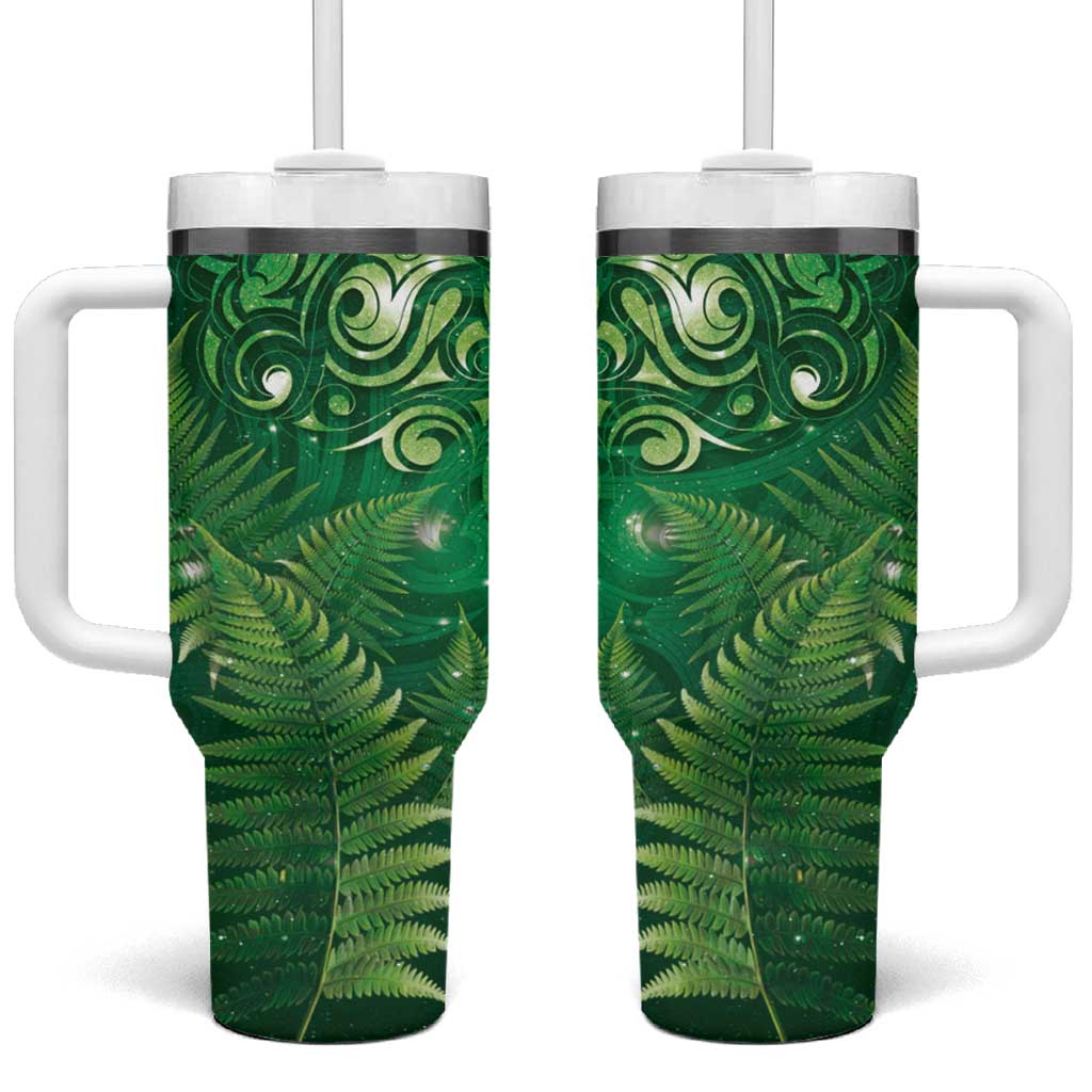 Matariki New Zealand Maori Silver Fern Tumbler With Handle Galaxy Green Sky Style LT03 One Size: 40 oz Green - Polynesian Pride