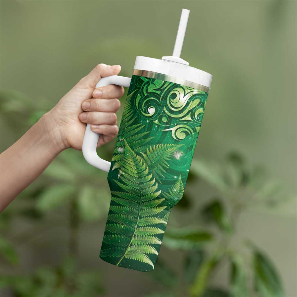 Matariki New Zealand Maori Silver Fern Tumbler With Handle Galaxy Green Sky Style LT03 - Polynesian Pride