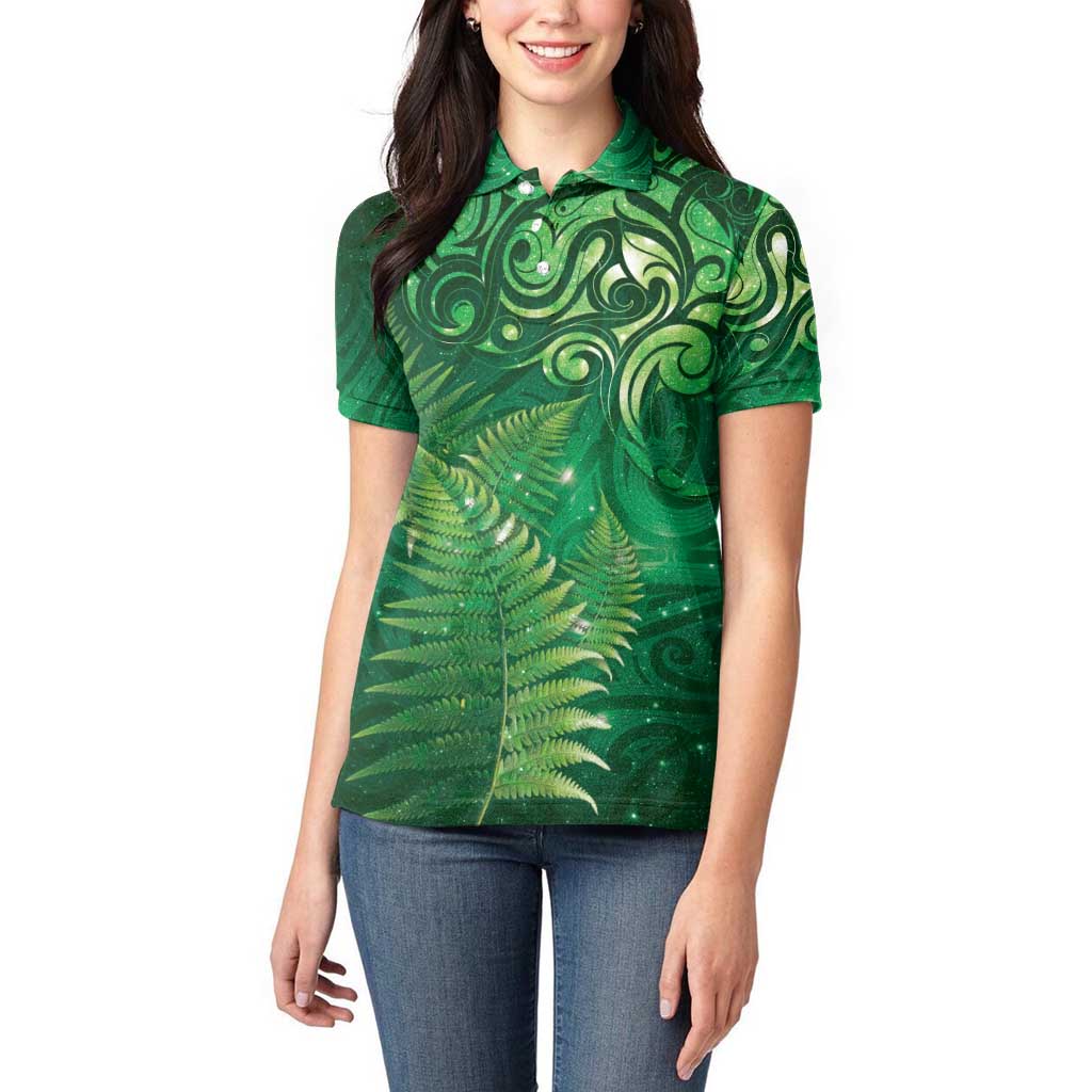Matariki New Zealand Maori Silver Fern Women Polo Shirt Galaxy Green Sky Style