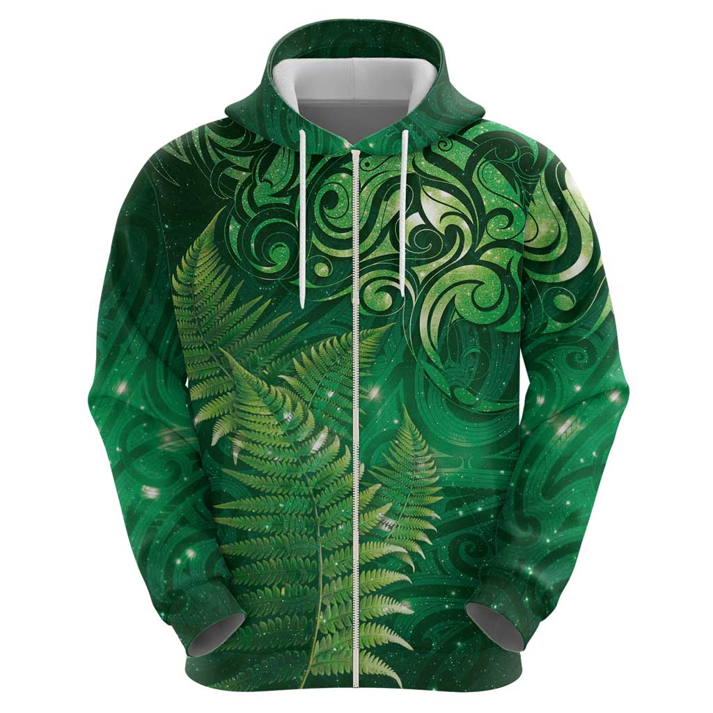 Matariki New Zealand Maori Silver Fern Zip Hoodie Galaxy Green Sky Style LT03 - Polynesian Pride
