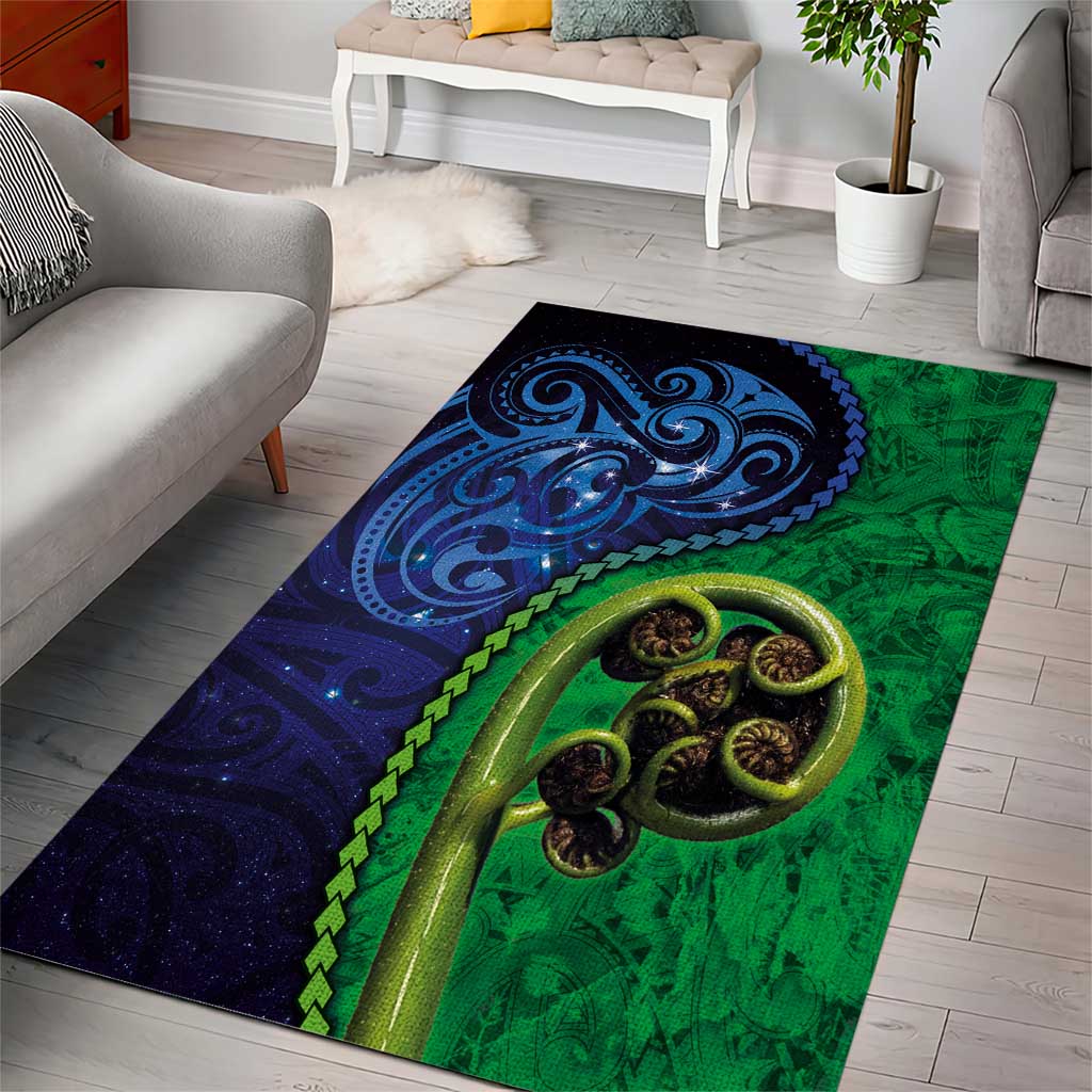 New Zealand Matariki Fern Frond Koru Area Rug with Galaxy Blue Sky and Green Paua Shell Art LT03 - Polynesian Pride
