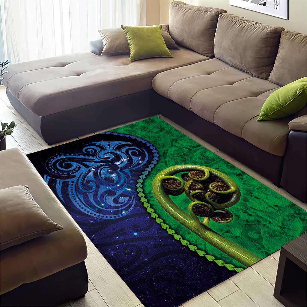 New Zealand Matariki Fern Frond Koru Area Rug with Galaxy Blue Sky and Green Paua Shell Art LT03 - Polynesian Pride