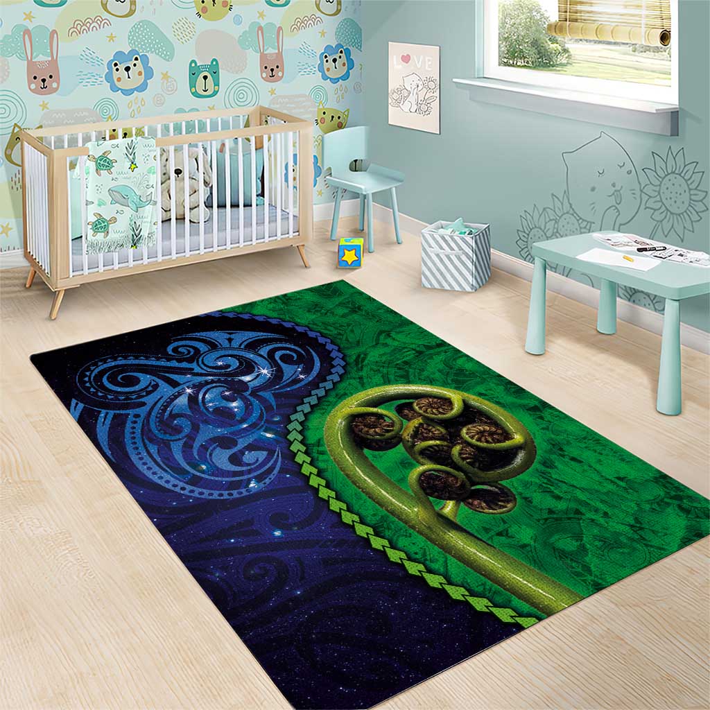 New Zealand Matariki Fern Frond Koru Area Rug with Galaxy Blue Sky and Green Paua Shell Art LT03 - Polynesian Pride