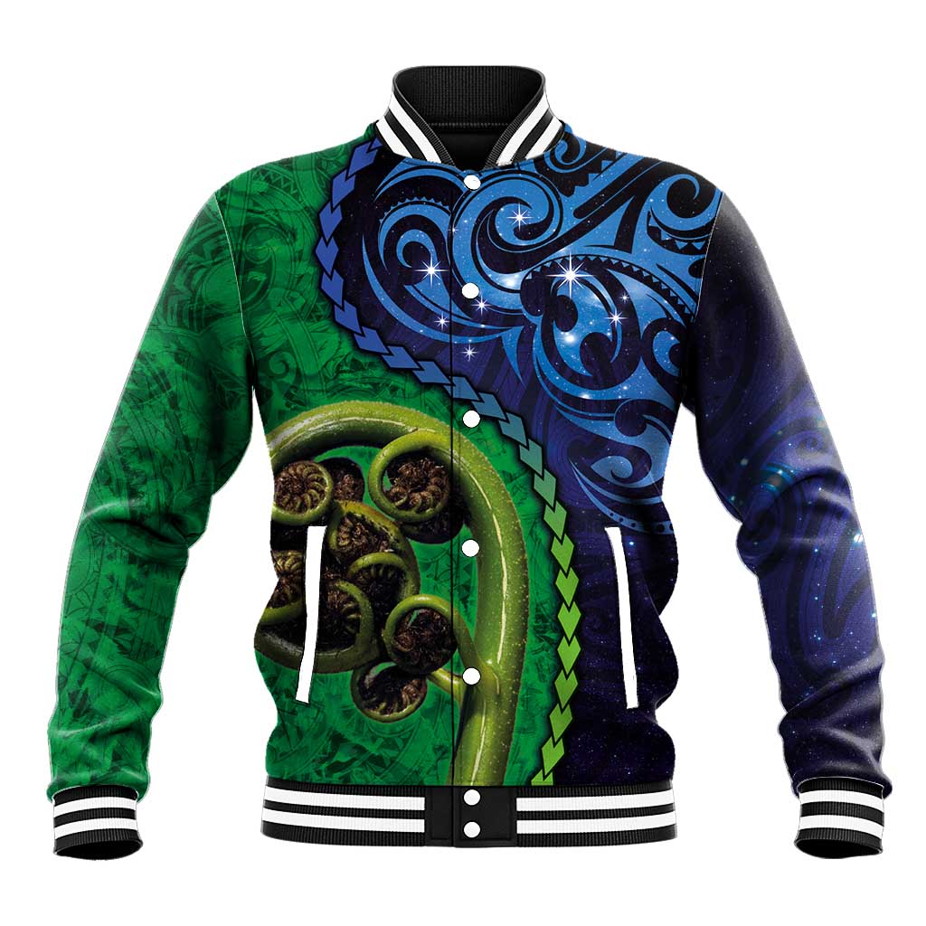 New Zealand Matariki Fern Frond Koru Baseball Jacket with Galaxy Blue Sky and Green Paua Shell Art LT03 Unisex Blue - Polynesian Pride