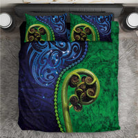 New Zealand Matariki Fern Frond Koru Bedding Set with Galaxy Blue Sky and Green Paua Shell Art LT03 Blue - Polynesian Pride
