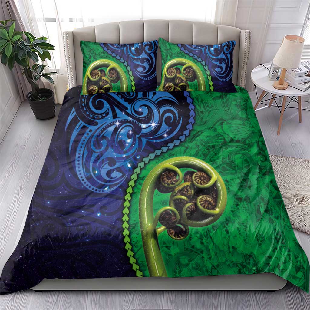 New Zealand Matariki Fern Frond Koru Bedding Set with Galaxy Blue Sky and Green Paua Shell Art LT03 - Polynesian Pride