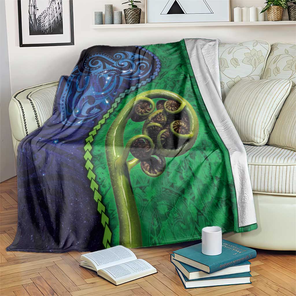 New Zealand Matariki Fern Frond Koru Blanket with Galaxy Blue Sky and Green Paua Shell Art
