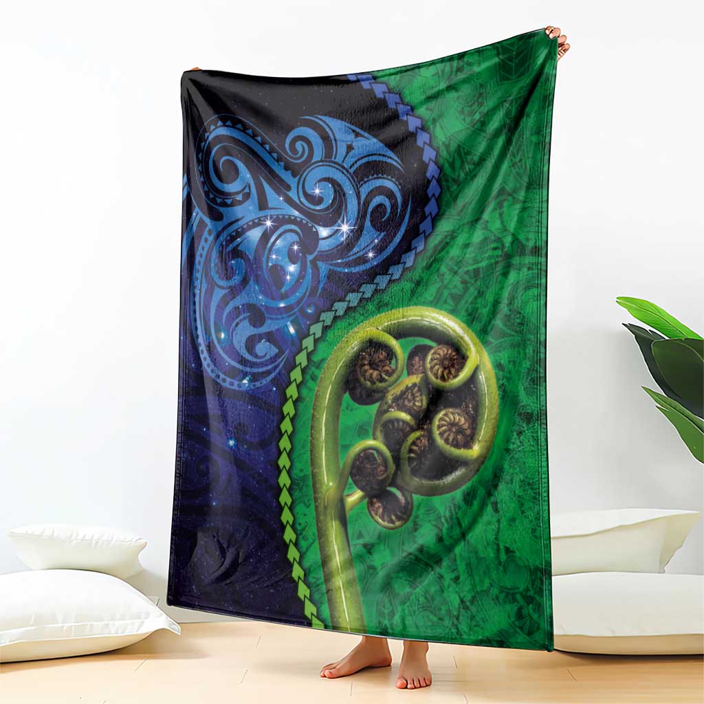 New Zealand Matariki Fern Frond Koru Blanket with Galaxy Blue Sky and Green Paua Shell Art LT03 - Polynesian Pride