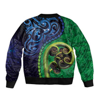 New Zealand Matariki Fern Frond Koru Bomber Jacket with Galaxy Blue Sky and Green Paua Shell Art LT03 - Polynesian Pride