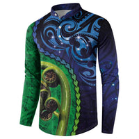 New Zealand Matariki Fern Frond Koru Button Sweatshirt with Galaxy Blue Sky and Green Paua Shell Art LT03 - Polynesian Pride
