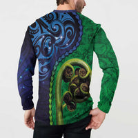 New Zealand Matariki Fern Frond Koru Button Sweatshirt with Galaxy Blue Sky and Green Paua Shell Art LT03 - Polynesian Pride