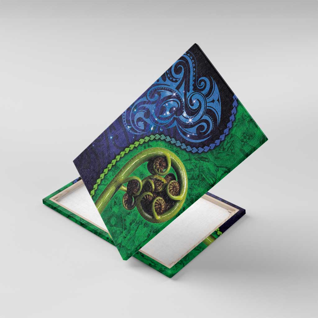 New Zealand Matariki Fern Frond Koru Canvas Wall Art with Galaxy Blue Sky and Green Paua Shell Art