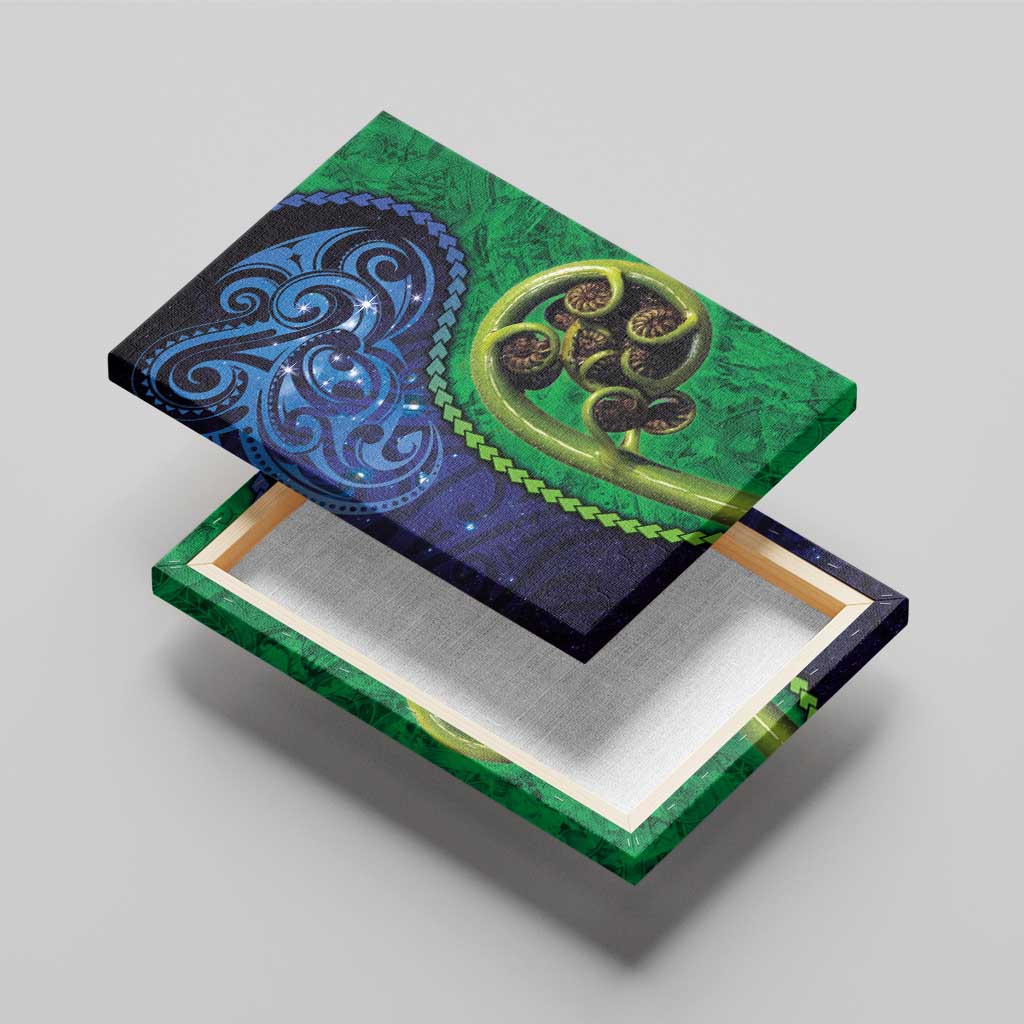 New Zealand Matariki Fern Frond Koru Canvas Wall Art with Galaxy Blue Sky and Green Paua Shell Art