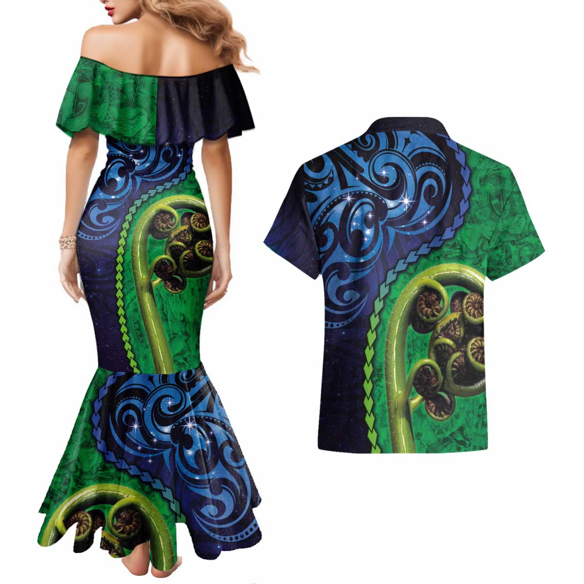 New Zealand Matariki Fern Frond Koru Couples Matching Mermaid Dress and Hawaiian Shirt with Galaxy Blue Sky and Green Paua Shell Art LT03 - Polynesian Pride