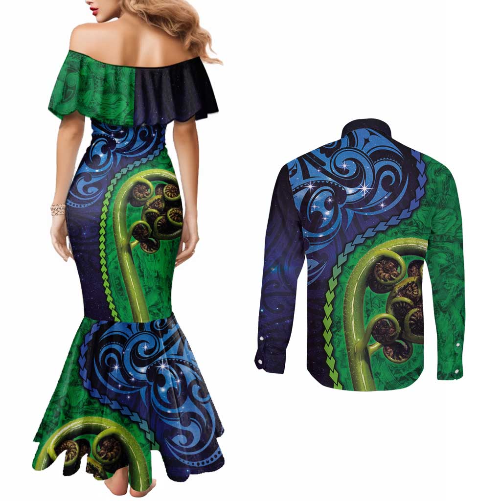 New Zealand Matariki Fern Frond Koru Couples Matching Mermaid Dress and Long Sleeve Button Shirt with Galaxy Blue Sky and Green Paua Shell Art LT03 - Polynesian Pride