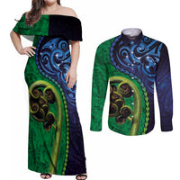 New Zealand Matariki Fern Frond Koru Couples Matching Off Shoulder Maxi Dress and Long Sleeve Button Shirt with Galaxy Blue Sky and Green Paua Shell Art LT03 Blue - Polynesian Pride