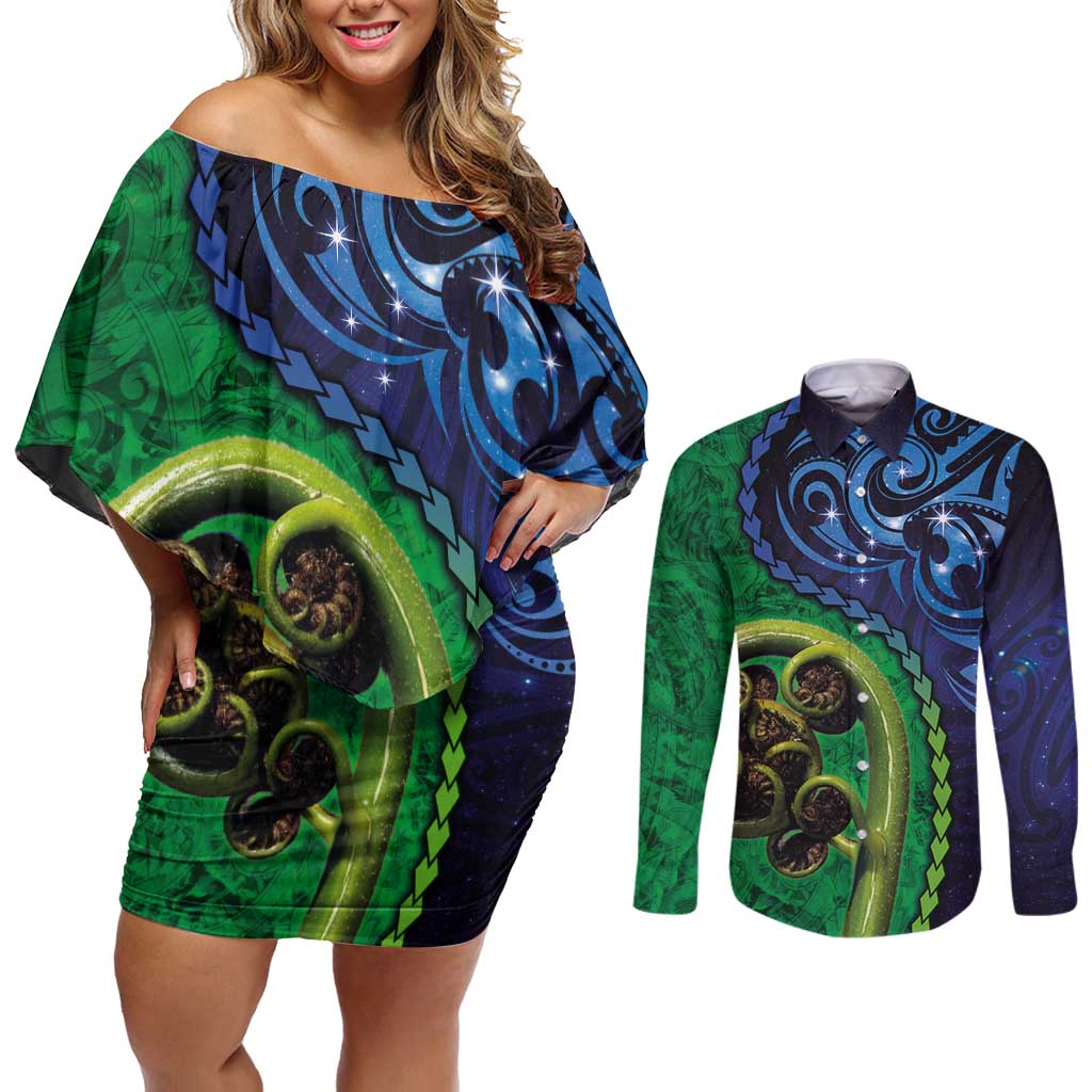 New Zealand Matariki Fern Frond Koru Couples Matching Off Shoulder Short Dress and Long Sleeve Button Shirt with Galaxy Blue Sky and Green Paua Shell Art LT03 Blue - Polynesian Pride