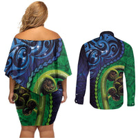 New Zealand Matariki Fern Frond Koru Couples Matching Off Shoulder Short Dress and Long Sleeve Button Shirt with Galaxy Blue Sky and Green Paua Shell Art LT03 - Polynesian Pride