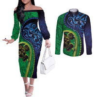 New Zealand Matariki Fern Frond Koru Couples Matching Off The Shoulder Long Sleeve Dress and Long Sleeve Button Shirt with Galaxy Blue Sky and Green Paua Shell Art LT03 Blue - Polynesian Pride