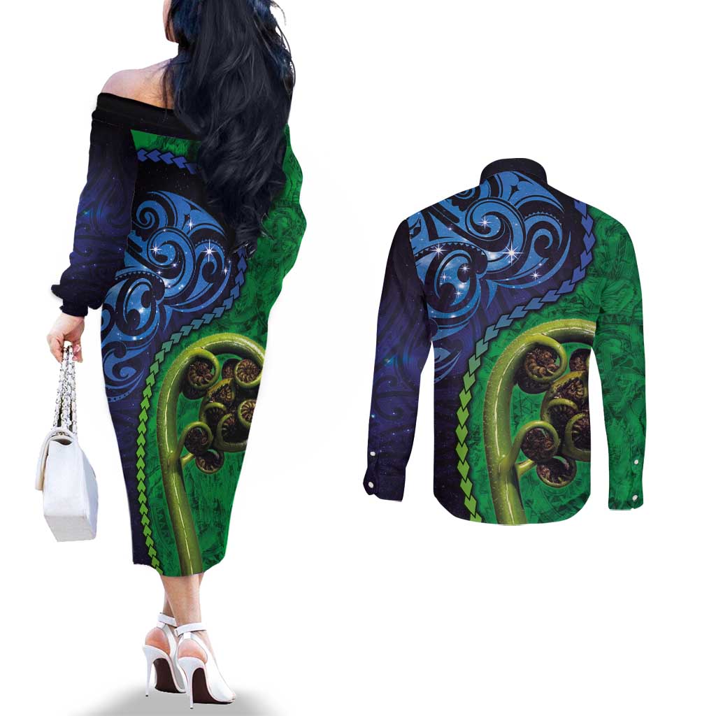New Zealand Matariki Fern Frond Koru Couples Matching Off The Shoulder Long Sleeve Dress and Long Sleeve Button Shirt with Galaxy Blue Sky and Green Paua Shell Art LT03 - Polynesian Pride