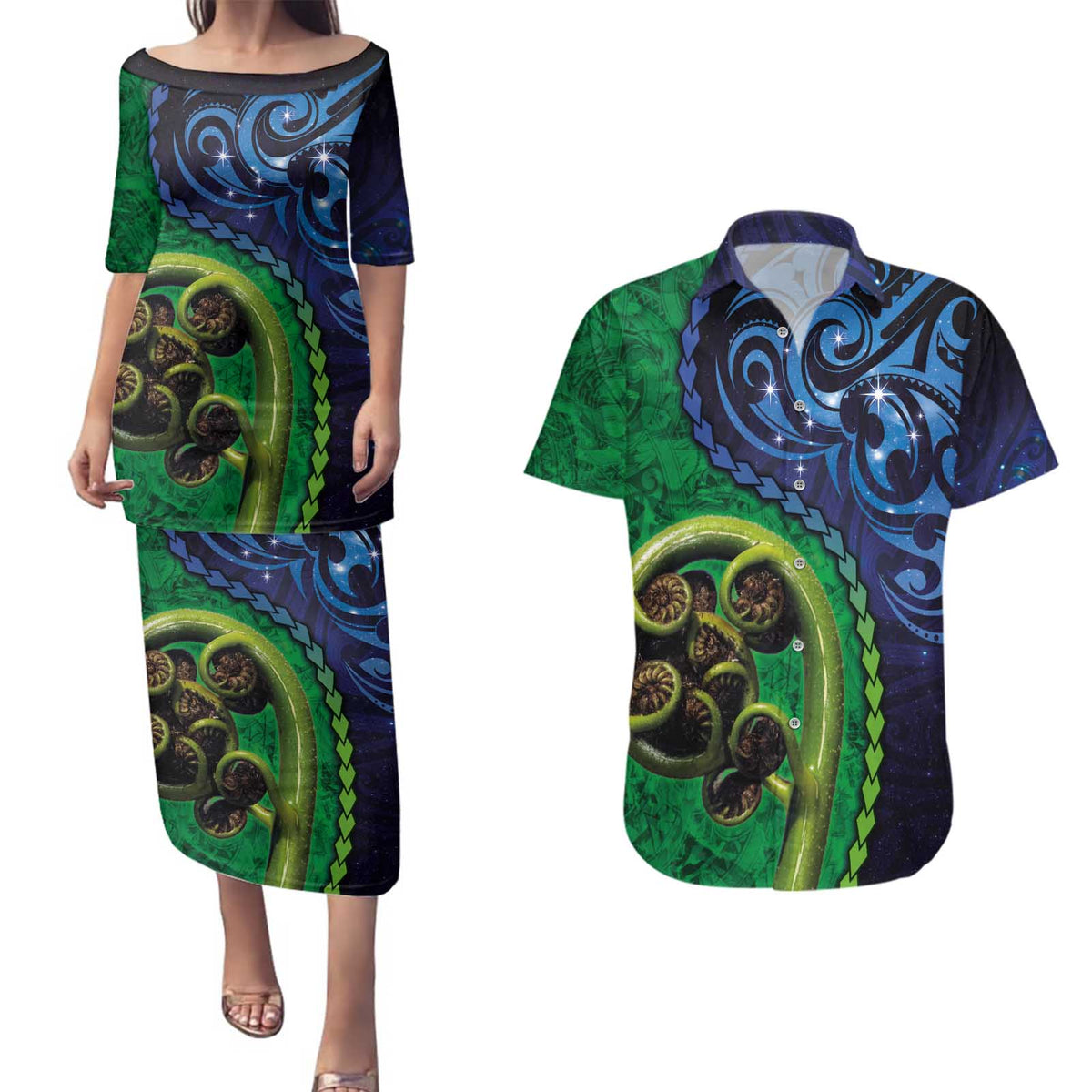 New Zealand Matariki Fern Frond Koru Couples Matching Puletasi and Hawaiian Shirt with Galaxy Blue Sky and Green Paua Shell Art LT03 Blue - Polynesian Pride