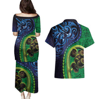New Zealand Matariki Fern Frond Koru Couples Matching Puletasi and Hawaiian Shirt with Galaxy Blue Sky and Green Paua Shell Art LT03 - Polynesian Pride