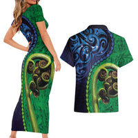 New Zealand Matariki Fern Frond Koru Couples Matching Short Sleeve Bodycon Dress and Hawaiian Shirt with Galaxy Blue Sky and Green Paua Shell Art LT03 - Polynesian Pride