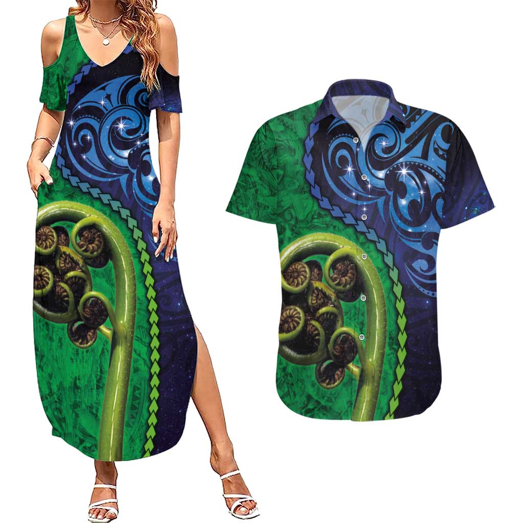 New Zealand Matariki Fern Frond Koru Couples Matching Summer Maxi Dress and Hawaiian Shirt with Galaxy Blue Sky and Green Paua Shell Art