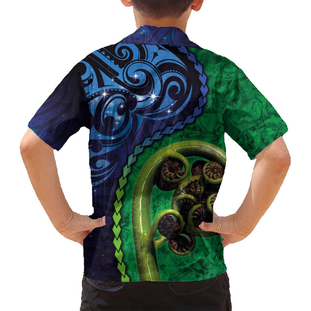 New Zealand Matariki Fern Frond Koru Family Matching Long Sleeve Bodycon Dress and Hawaiian Shirt with Galaxy Blue Sky and Green Paua Shell Art LT03 - Polynesian Pride