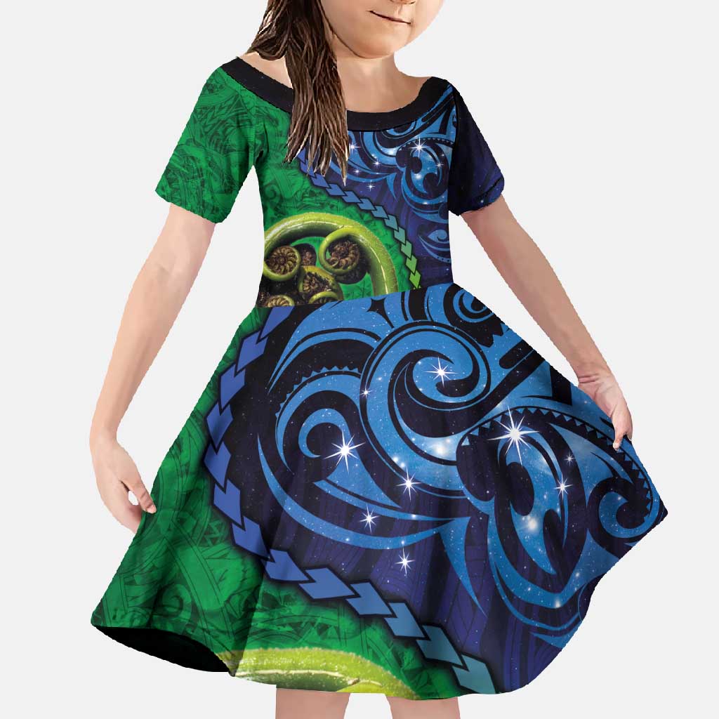 New Zealand Matariki Fern Frond Koru Family Matching Long Sleeve Bodycon Dress and Hawaiian Shirt with Galaxy Blue Sky and Green Paua Shell Art LT03 Daughter's Dress Blue - Polynesian Pride