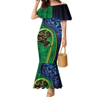 New Zealand Matariki Fern Frond Koru Family Matching Mermaid Dress and Hawaiian Shirt with Galaxy Blue Sky and Green Paua Shell Art LT03 Mom's Dress Blue - Polynesian Pride