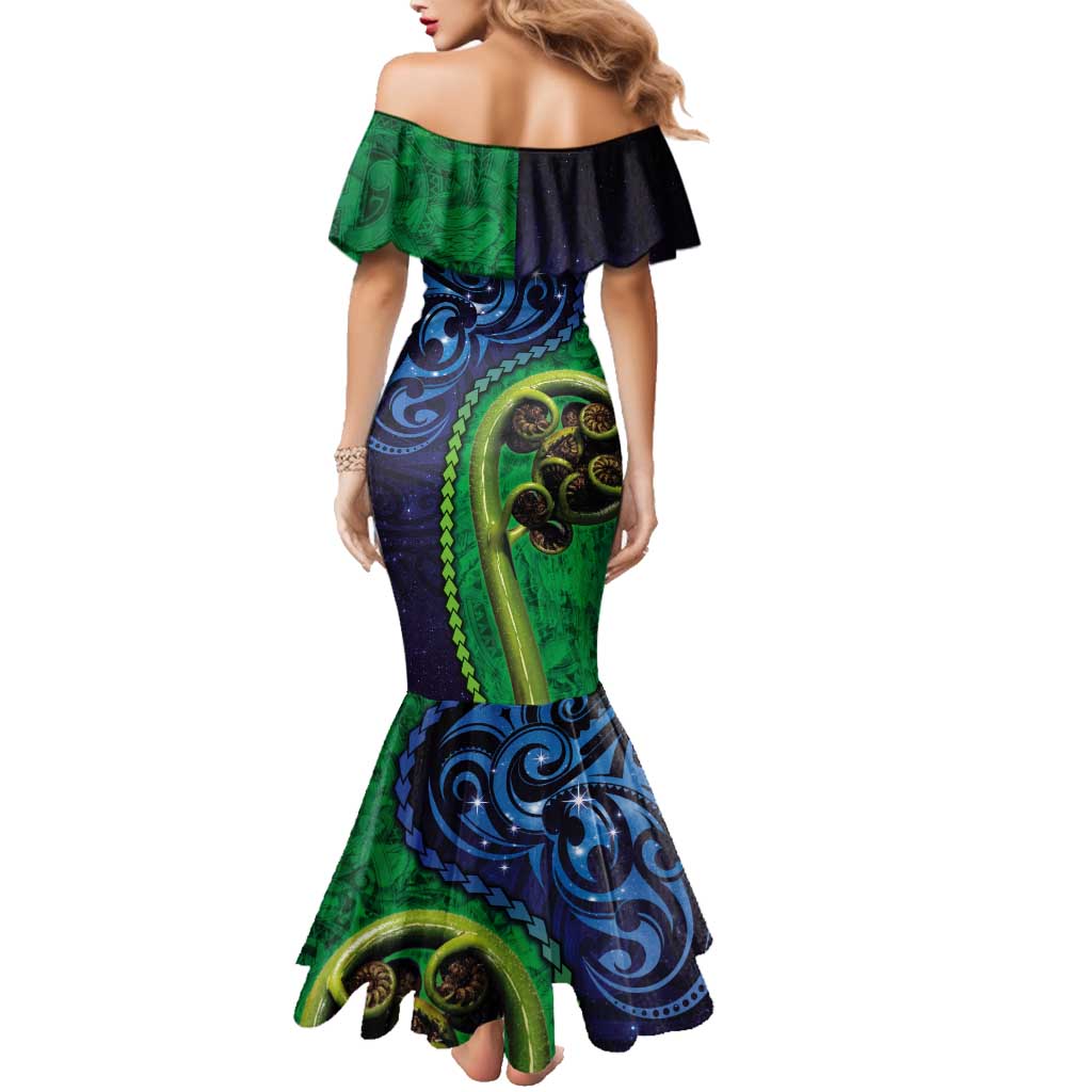 New Zealand Matariki Fern Frond Koru Family Matching Mermaid Dress and Hawaiian Shirt with Galaxy Blue Sky and Green Paua Shell Art LT03 - Polynesian Pride