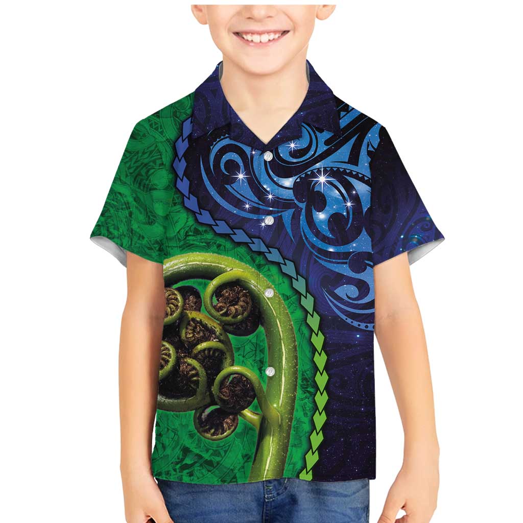 New Zealand Matariki Fern Frond Koru Family Matching Mermaid Dress and Hawaiian Shirt with Galaxy Blue Sky and Green Paua Shell Art LT03 Son's Shirt Blue - Polynesian Pride