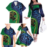 New Zealand Matariki Fern Frond Koru Family Matching Off The Shoulder Long Sleeve Dress and Hawaiian Shirt with Galaxy Blue Sky and Green Paua Shell Art