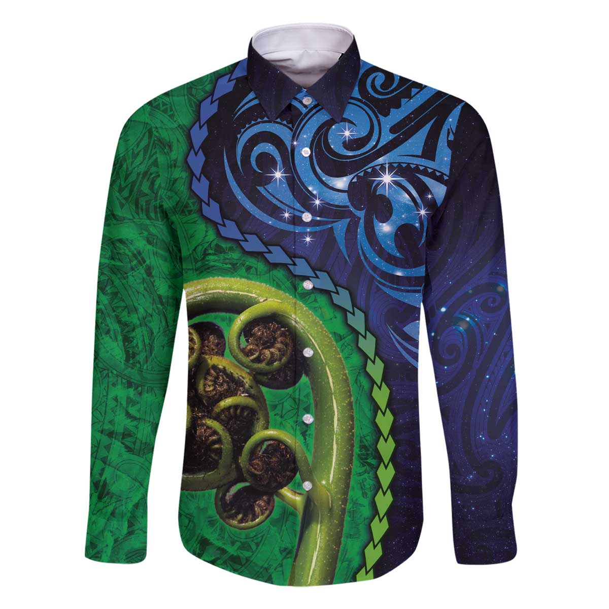 New Zealand Matariki Fern Frond Koru Family Matching Off The Shoulder Long Sleeve Dress and Hawaiian Shirt with Galaxy Blue Sky and Green Paua Shell Art
