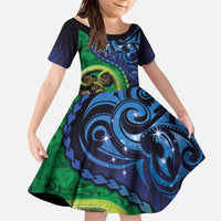 New Zealand Matariki Fern Frond Koru Family Matching Off Shoulder Maxi Dress and Hawaiian Shirt with Galaxy Blue Sky and Green Paua Shell Art