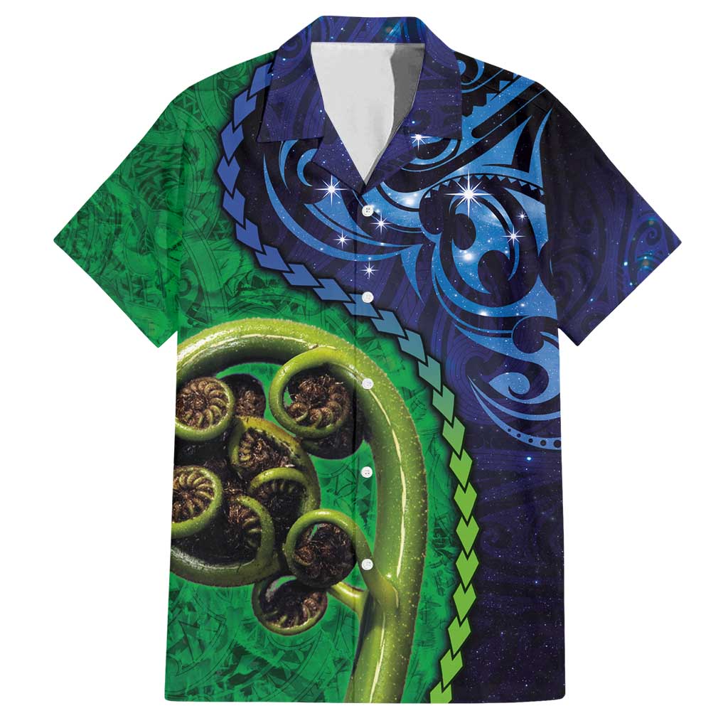 New Zealand Matariki Fern Frond Koru Family Matching Off Shoulder Maxi Dress and Hawaiian Shirt with Galaxy Blue Sky and Green Paua Shell Art