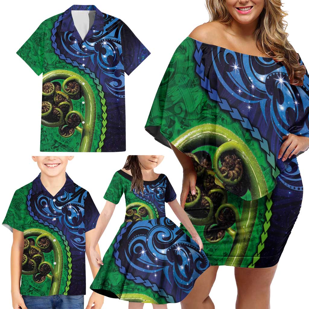 New Zealand Matariki Fern Frond Koru Family Matching Off Shoulder Short Dress and Hawaiian Shirt with Galaxy Blue Sky and Green Paua Shell Art LT03 - Polynesian Pride
