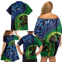 New Zealand Matariki Fern Frond Koru Family Matching Off Shoulder Short Dress and Hawaiian Shirt with Galaxy Blue Sky and Green Paua Shell Art LT03 - Polynesian Pride